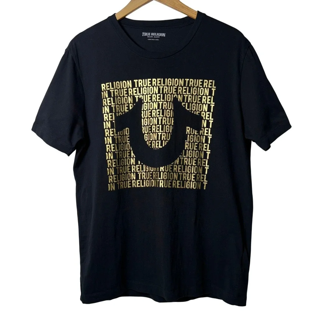 True Religion T-Shirt Mens Large Black Gold Logo Graphic‎ Casual Classic